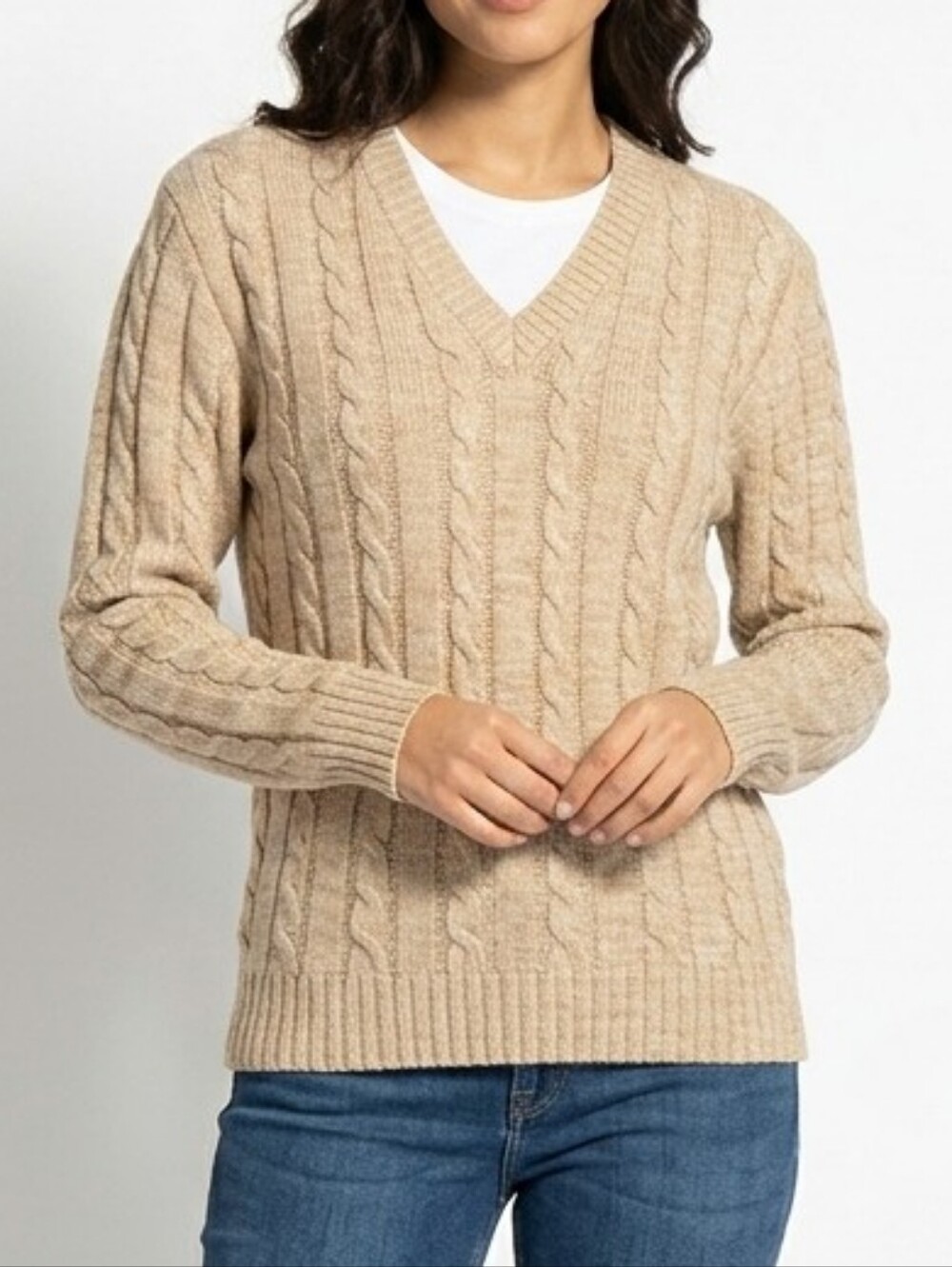 Vintage Jantzen Cable Knit V-neck Sweater Tan Medium
